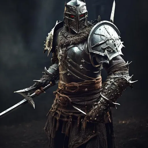 Prompt: Full plate warrior like the Wild Hunt, dark and menacing armor, intricate detailing on the armor, imposing and powerful stance, high quality, fantasy, detailed armor, medieval, atmospheric lighting, long sword
