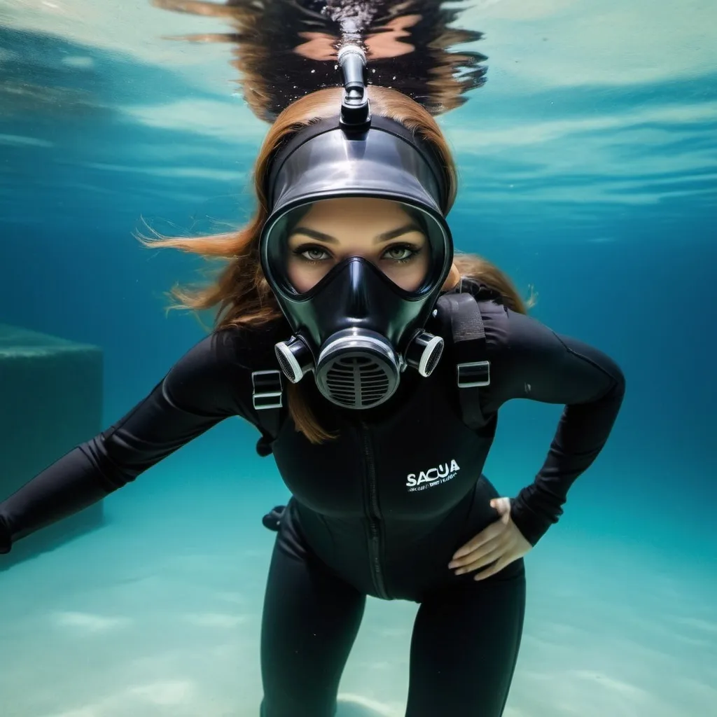 Prompt: very beautiful girl underwater  with a black sacuba mask full balaclavas  and black sacuba suit with air tank on her back