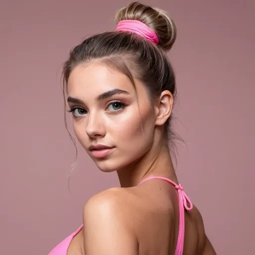 Prompt: very beautiful girl model with pink big bikiny and Messy Low bun Ponytail