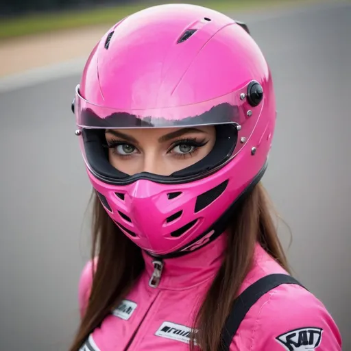 Prompt: very beautiful girl with A pink racing  helmet  mask full balaclavas and pink big brassiere racing and racing eyes shiled on her eyes