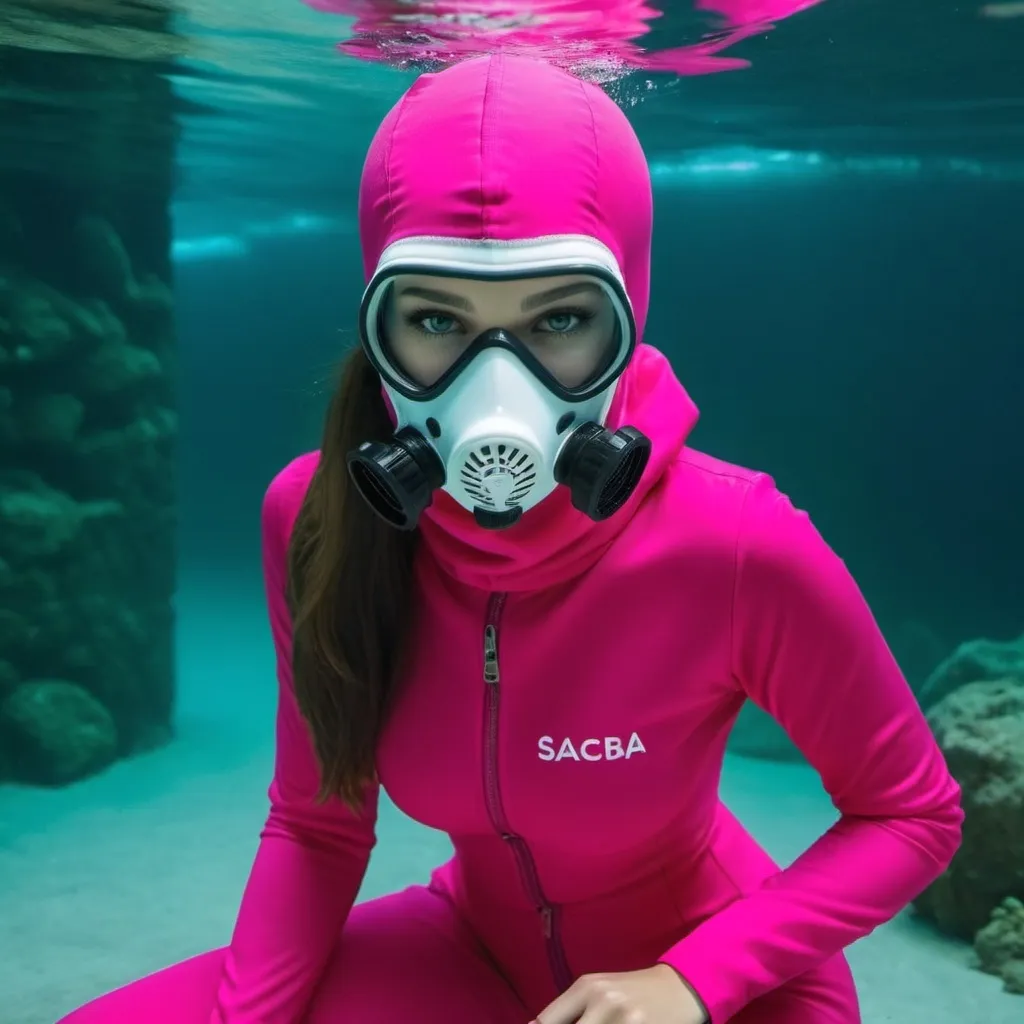 Prompt: very beautiful girl underwater  with a pink sacuba mask full balaclavas and pink sacuba suit