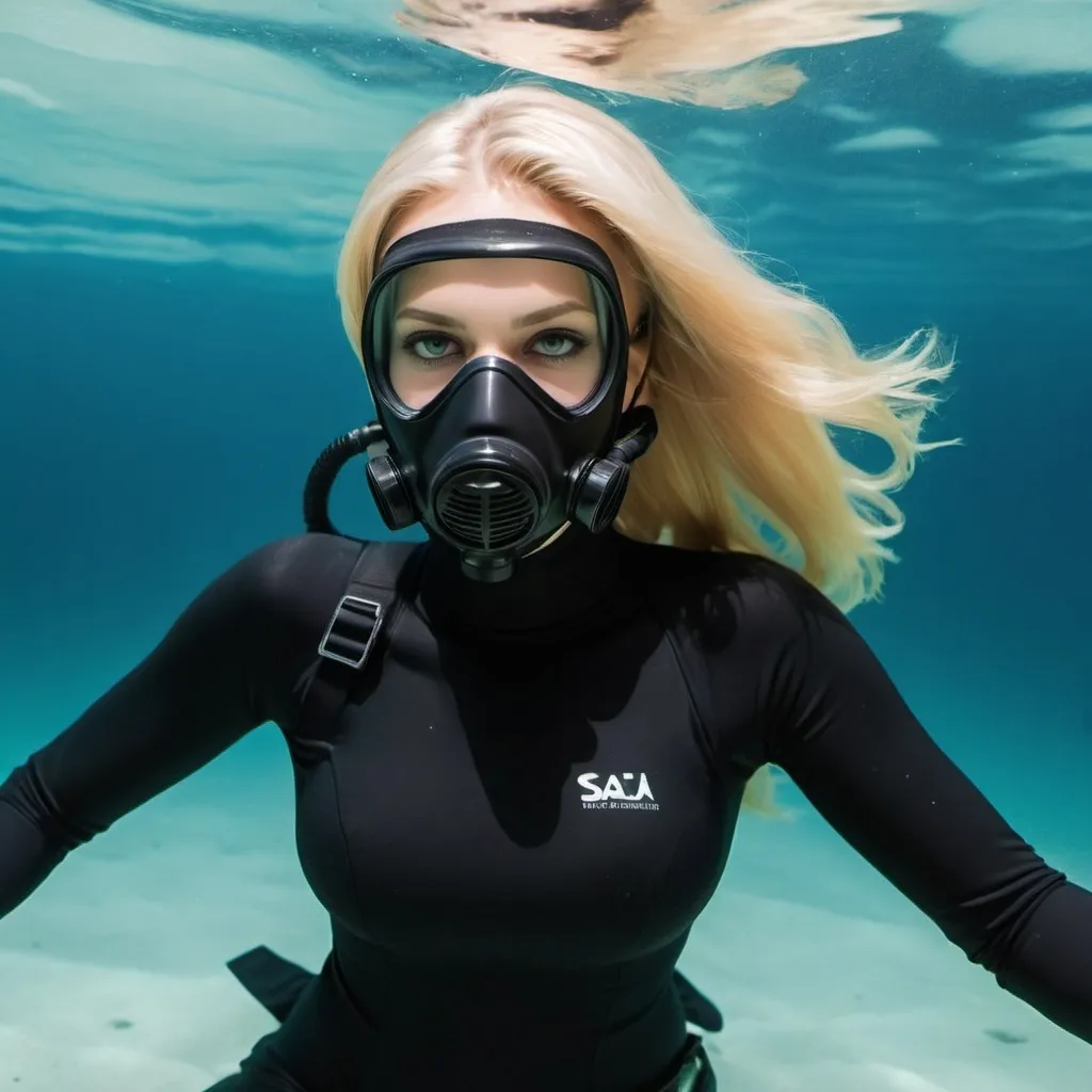 Prompt: very beautiful girl underwater  with a black sacuba mask full balaclavas  and black sacuba suit with air tank on her back blond hair