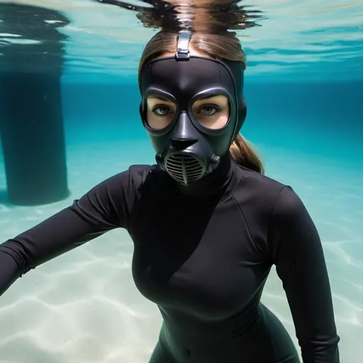 Prompt: very beautiful girl underwater  with a black sacuba mask full balaclavas  and black sacuba suit