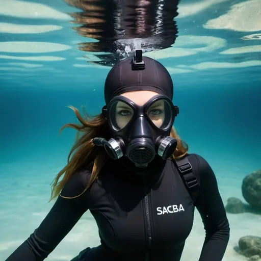 Prompt: very beautiful girl underwater  with a black sacuba mask full balaclavas  and black sacuba suit with air tank on her back