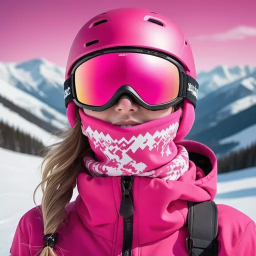 Prompt: very beautiful girl with pink snowboarding mask  full balaclavas and pink snowboarding suit