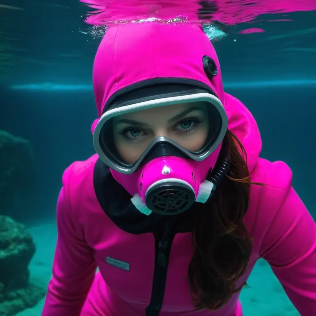 Prompt: very beautiful girl underwater  with a pink sacuba mask full balaclavas and pink sacuba suit