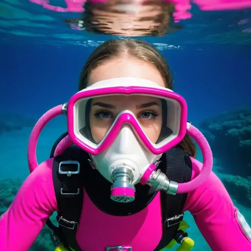 Prompt: very beautiful girl  with a pink diving mask  and pink diving suit