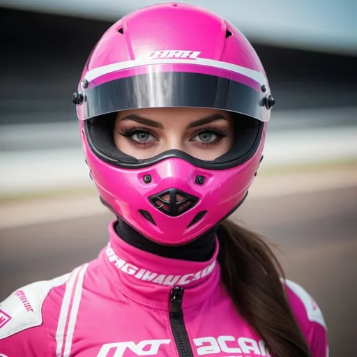 Prompt: very beautiful girl with A pink racing  helmet  mask full balaclavas and pink big brassiere racing and racing eyes shiled on her eyes