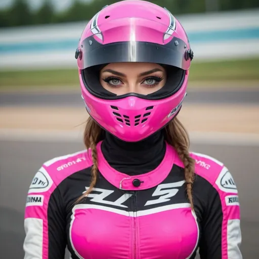 Prompt: very beautiful girl with A pink racing  helmet  mask full balaclavas and pink big brassiere racing and racing eyes shiled on her eyes