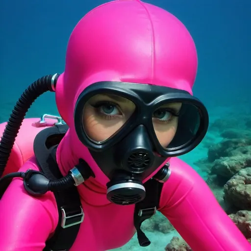 Prompt: very beautiful girl  with a pink diving mask full balaclavas and pink diving suit