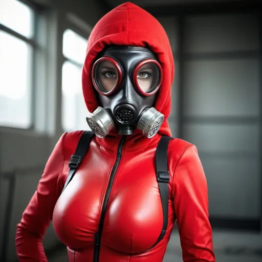 Prompt: very beautiful girl from the future with tight red big gas brassiere suit  with red gas mask   full balaclavas