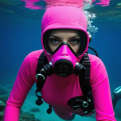 Prompt: very beautiful girl  with a pink diving mask full balaclavas and pink diving suit