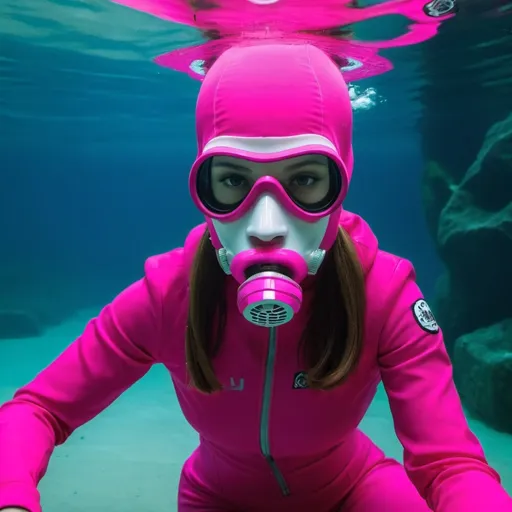 Prompt: very beautiful girl underwater  with a pink sacuba mask full balaclavas and pink sacuba suit 