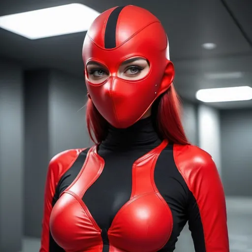 Prompt:  very beautiful girl from the future with tight red big brassiere suit  with red mask full balaclavas