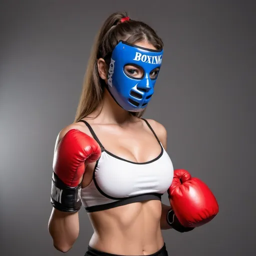 Prompt: very beautiful girl model with big boxing brassiere and boxing mask