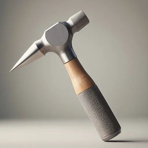 Prompt: a metal and wood handle on a wooden handle with a metal tip on it's end, on a white surface, Doc Hammer, precisionism, blender, a computer rendering