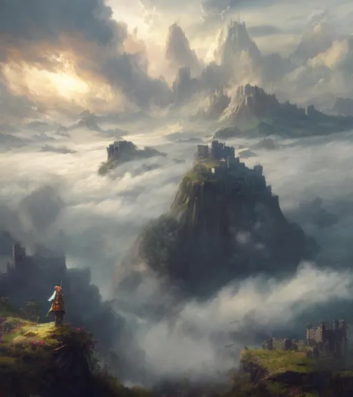 Prompt: Copy wanderer above a sea of fog. Link from the legend of Zelda stands overlooking castle ruins. Romantic painting style.