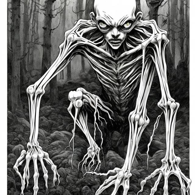 Prompt: an unsettling ghost, spindly limbs, exceptionally gaunt, in a forest, black and white, focus on eyes, drawn in the style of kentaro miura 