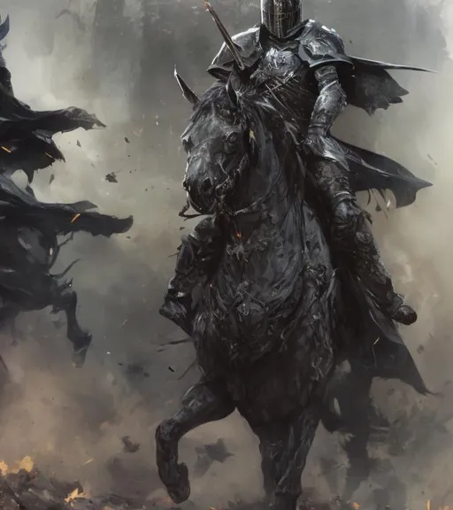 Prompt: A black knight. Knight is riding a horse. Horse is well detailed and realistic, with properly proportioned legs. The knight carries a banner over his shoulder. Distinctive helmet. Action pose. Focus is on the knight. Drawn by Seb McKinnon.