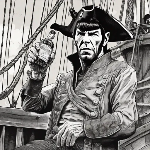 Prompt: Spock as a pirate on an old wooden tall ship, raising a bottle of rum, Leonard nimoy, comic book style, black and white, high contrast