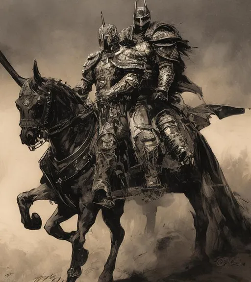 Prompt: A black knight. Knight is riding a horse. Horse is well detailed and realistic, with properly proportioned legs. The knight carries a banner over his shoulder. Distinctive helmet. Action pose. Focus is on the knight. Drawn by Frank Frazetta. 