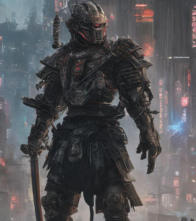Prompt: Samurai wearing high tech armor, holding a laser katana, in a futuristic dystopia cityscape, high detail, realistic 