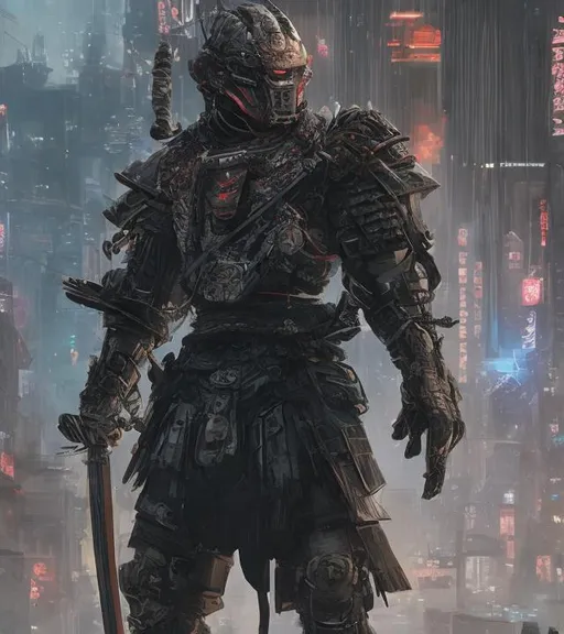 Prompt: Samurai wearing high tech armor, holding a laser katana, in a futuristic dystopia cityscape, high detail, realistic 