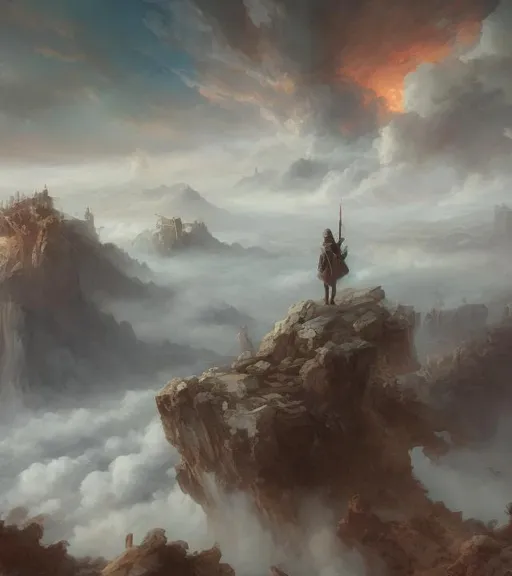 Prompt: Copy wanderer above a sea of fog. A man stands overlooking city ruins. Romantic painting style.