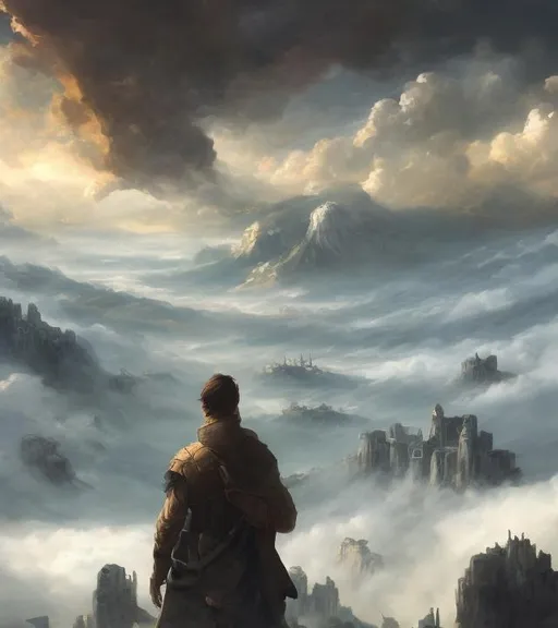 Prompt: Copy wanderer above a sea of fog. A man stands overlooking city ruins. Romantic painting style.