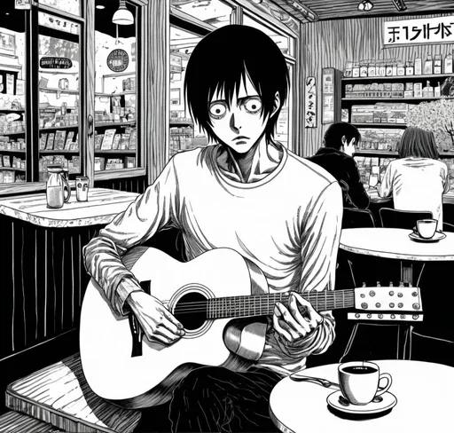 Prompt: Junji Ito manga style, man in coffee shop, manga scene, inside a guitar, sad