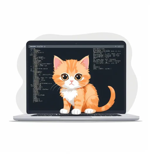 Prompt: Orange log haired British kitten with small body and long fur on plain white background coding on a laptop, with code displayed on the screen on dark mode, show it's all body, and make it in illustrated style (as shown in the image)