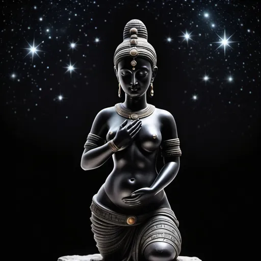 Prompt: create a background picture with a black background showing a female fertility statue that ancient civilizations would have created the background should include small stars that twinkle