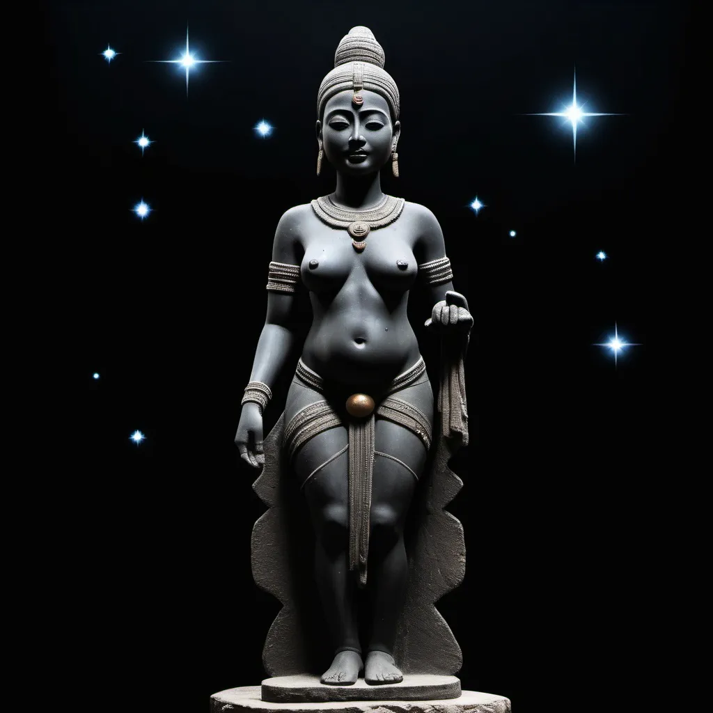 Prompt: create a background picture with a black background showing a primitive female fertility statue that ancient civilizations would have created the background should include small stars that twinkle