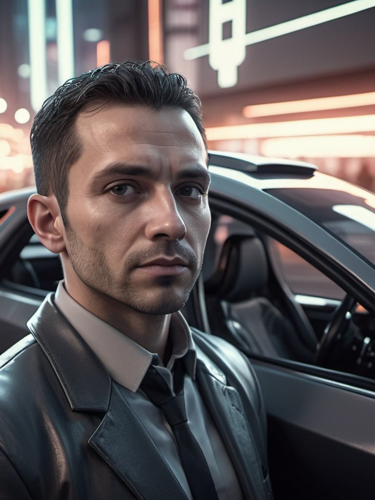 Prompt: Sleek 3D rendering of a 35-year-old man in a futuristic city, futuristic car in the background, high quality, cyberpunk, detailed facial features, metallic tones, atmospheric lighting, professional rendering, urban setting, futuristic car, 3D rendering, cybernetic enhancements, intense gaze, cyberpunk style, metallic tones, futuristic city, detailed facial features, professional lighting