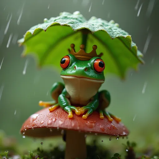 Prompt: A tiny frog wearing a crown made of clover, sitting on a mushroom under a leaf umbrella while it’s gently raining