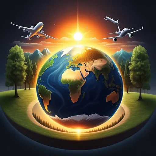 Prompt: draw our earth with the sunset and sunrise moments + sun in the middle, noon so there are 3 suns earth is dividen with a line on equator on the surface of day light you can see trees, forest, oceans, mountains tiny airplanes etc and niht part some places with lights (cities) and some places dark