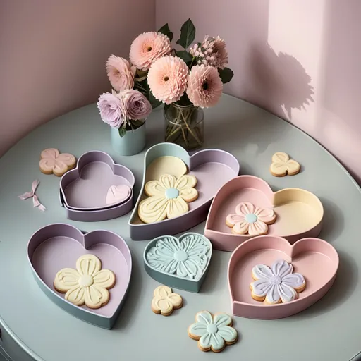 Prompt: four heart shaped cookie pans sitting on a table top with a flower design on them and a heart shaped cookie cutter, Annabel Kidston, rococo, pastell colours, a pastel