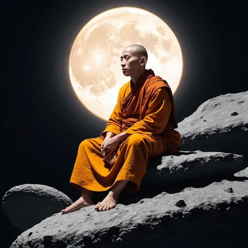 Prompt: create a monk sitting on the Moon facing the Sun