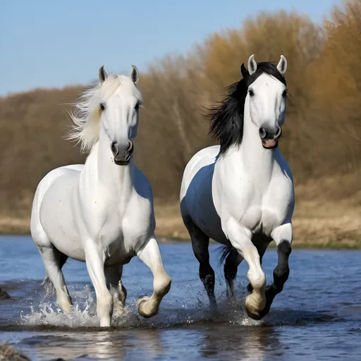 Prompt: running white and black horses in river