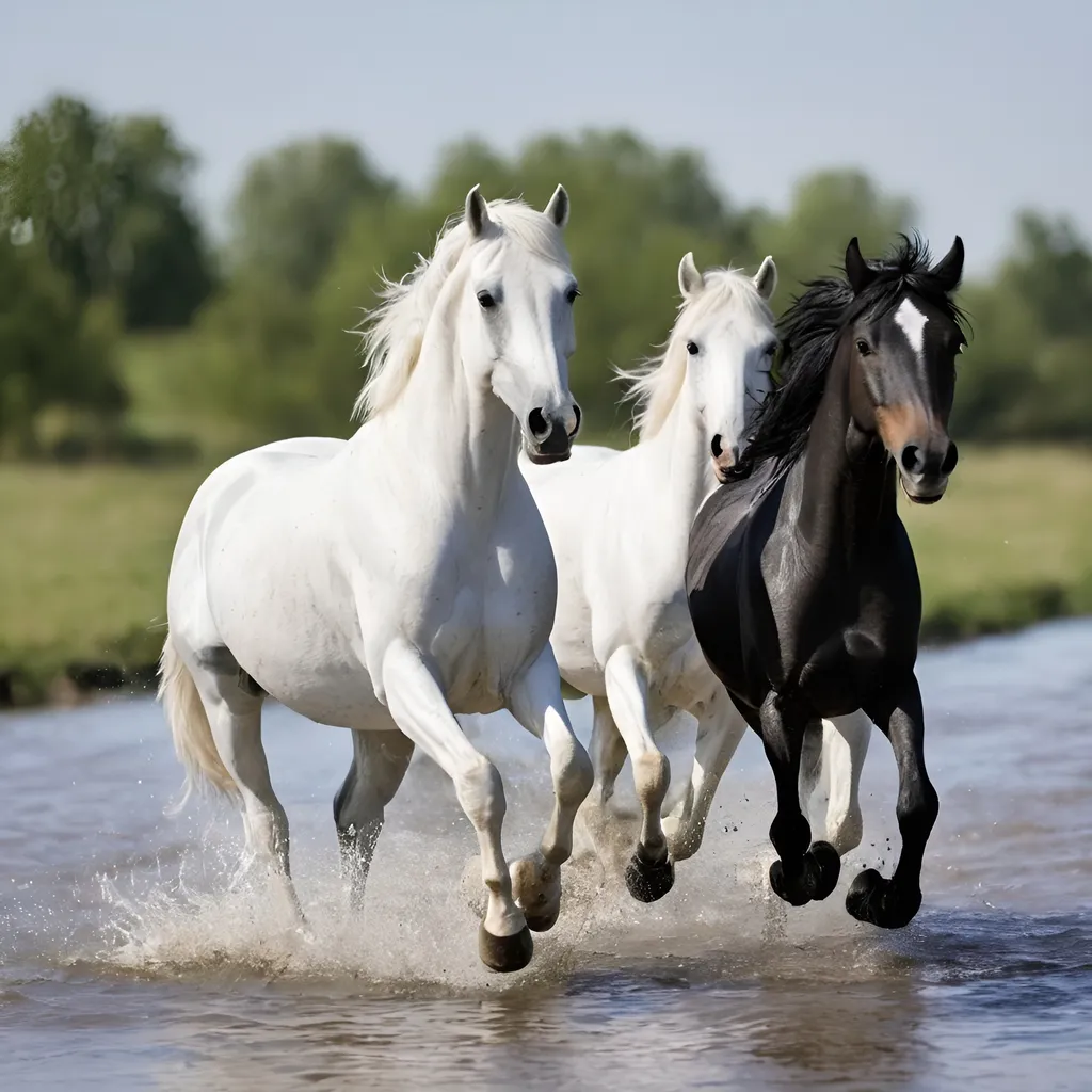 Prompt: running white and black horses in river