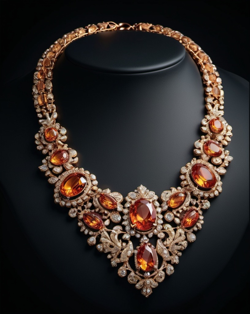 Prompt: Luxury necklace, (photorealistic), warm color scheme, dark background, (highly detailed), atmospheric lighting, elegant composition, professional photography, soft reflections on the necklace, luxurious textures, ambient glow highlighting intricate details, ultra-detailed, perfect for a commercial advertisement.