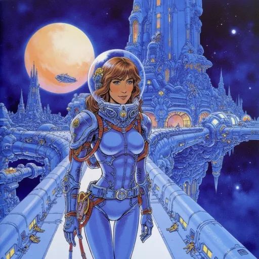 Prompt: A dashing alien princess, wearing a sealed environment suit with elegant, feminine decorations, walking down a starship boarding ramp. A soaring, ornate city rises in the background under a night sky dominated by a large, pastel colored moon.