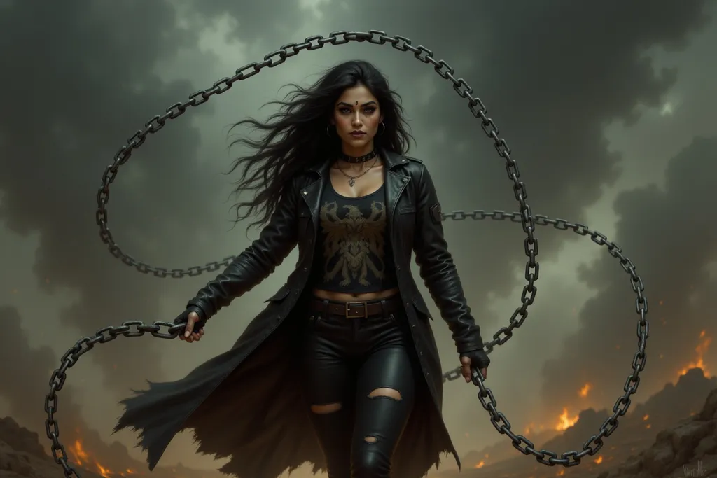 Prompt: @Ojb9qu83K01K1tbZ39Im is wearing a long black trench coat over black leather pants and torn black tank top. She is swinging one end of a spiked chain in her left hand, the other end is looped in her right hand as she walks through a post-apocalyptic wilderness. Dark thunder clouds gather overhead. RPG character, Post Apocalypse, Into The Badlands - Minerva. Slick, sophisticated