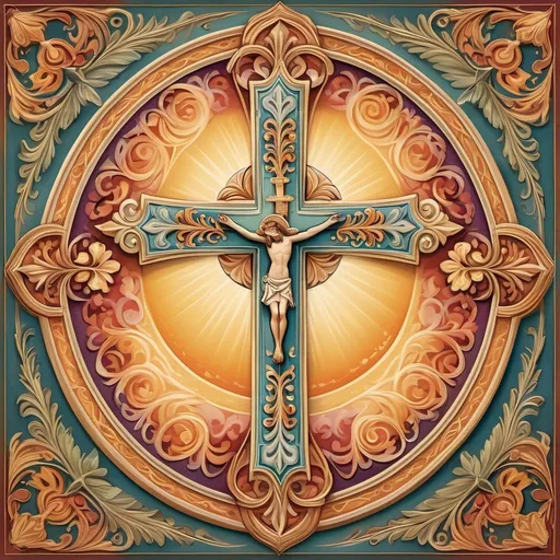 Prompt: Lorraine cross, (Christian symbols), intricate designs, (French cultural elements), elegant and reverent, vibrant color palette, warm and inviting aura, ornate details, biblical motifs intertwined with the cross, soft background with a heavenly glow, high-quality, ultra-detailed, symbolizing faith and heritage.