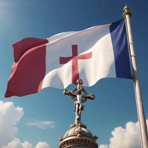 Prompt: (A French flag with a cross) (symbolizing Christianity), vibrant colors, intricate details, imbued with historical significance, majestic background, soft light illuminating the flag, flag waving gracefully in a gentle breeze, symbol of unity and faith, conveys a sense of hope and devotion, high-quality, ultra-detailed, 4K resolution.