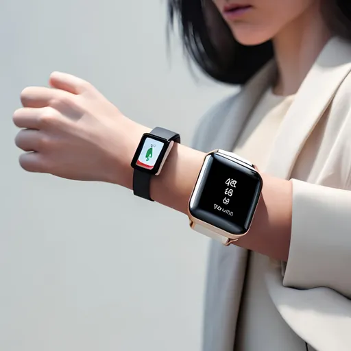 Prompt: A photorealistic image of a young, stylish woman wearing a sleek and modern smartwatch on her wrist while she is actively engaged in a variety of health-conscious activities.

Here are some specific details to include in the image:

- The woman is wearing a well-fitting outfit that is appropriate for the activity she is doing.
- The smartwatch is integrated seamlessly with her outfit and looks stylish and sophisticated.
- The woman is smiling and looking confident, as if she is enjoying her health-conscious lifestyle.
- The image should be visually appealing and convey a sense of empowerment and vitality.
- Show close up of the smartwatch with well lit up screen
- Do not show face of the woman in the image