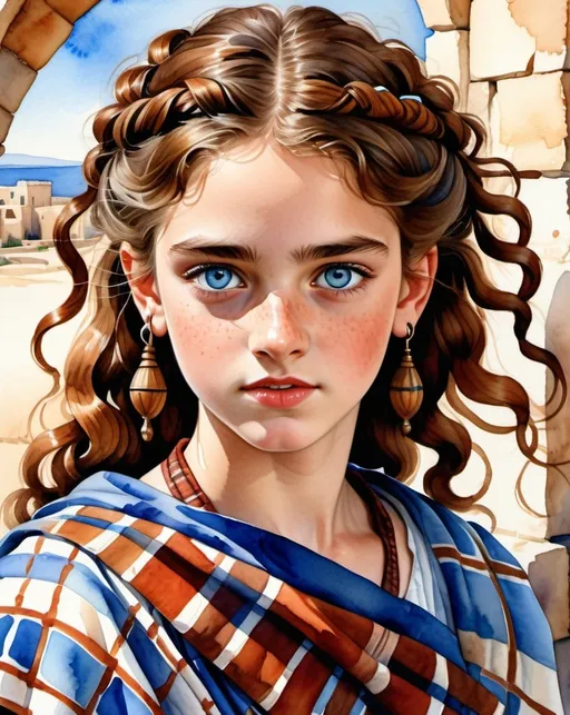 Prompt: watercolor illustration of a teenage Phoenician girl, aquiline features, wild chestnut curls, piercing blue eyes, 15 years old, wearing a plaid toga, bare arms, bare legs, high quality, watercolor style, detailed facial features, flowing chestnut curls, vibrant blue eyes, ancient Phoenician clothing, youthful, natural lighting