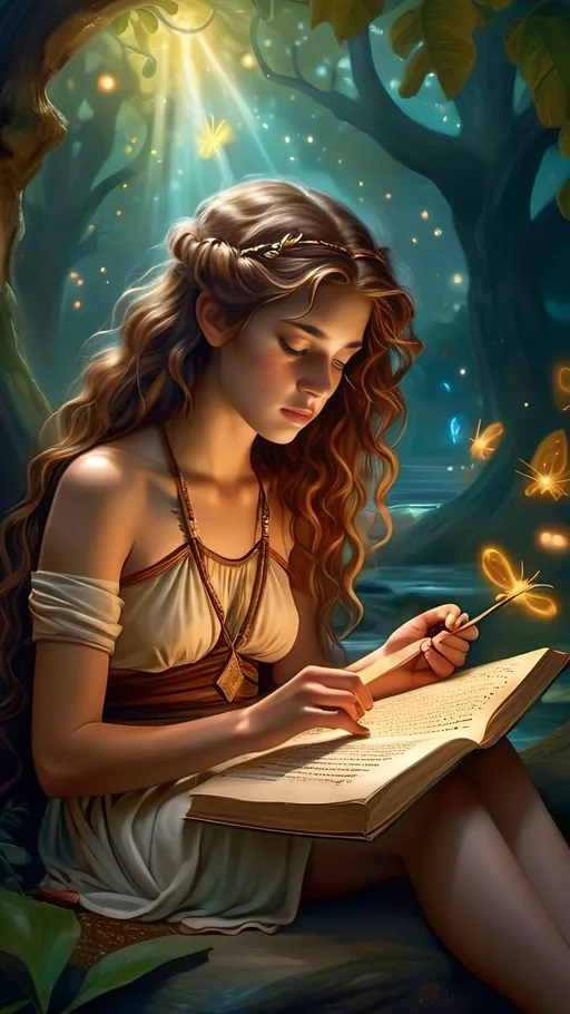 Prompt: Fantasy illustration of a Phoenician girl reading a scroll, wild chestnut curls, aquiline features, age 15, plaid toga, bare arms, bare legs, surrounded by fireflies, high fantasy, detailed, vibrant colors, intricate details, soft lighting, magical atmosphere, ethereal beauty, ancient fashion, mystical, captivating