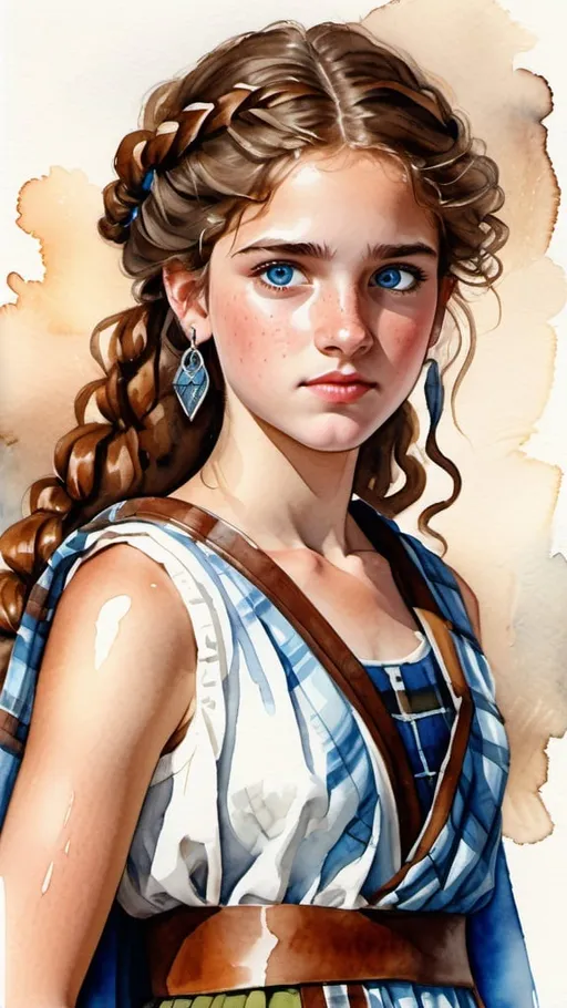 Prompt: watercolor illustration of a teenage Phoenician girl, aquiline features, wild chestnut curls, piercing blue eyes, 15 years old, wearing a plaid toga, bare arms, bare legs, high quality, watercolor style, detailed facial features, flowing chestnut curls, vibrant blue eyes, ancient Phoenician clothing, youthful, natural lighting