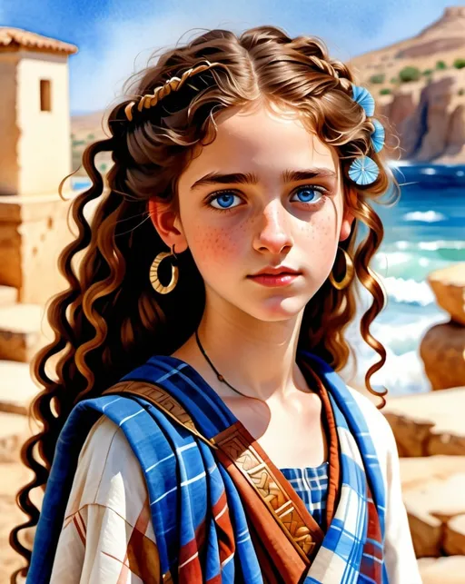 Prompt: watercolor illustration of a teenage Phoenician girl, aquiline features, wild chestnut curls, piercing blue eyes, 15 years old, wearing a plaid toga, bare arms, bare legs, high quality, watercolor style, detailed facial features, flowing chestnut curls, vibrant blue eyes, ancient Phoenician clothing, youthful, natural lighting